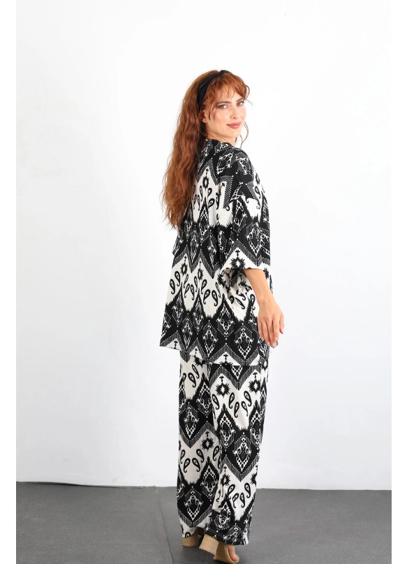 Otantik Desen Kimono Takım Siyah