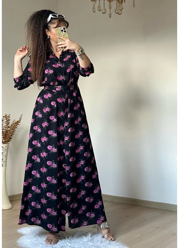 Pembe Çıceklı Cepli Gomlek  Elbise