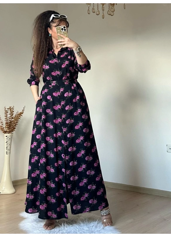 Pembe Çıceklı Cepli Gomlek  Elbise