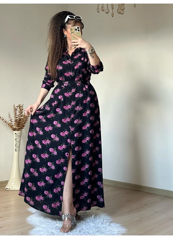 Pembe Çıceklı Cepli Gomlek  Elbise