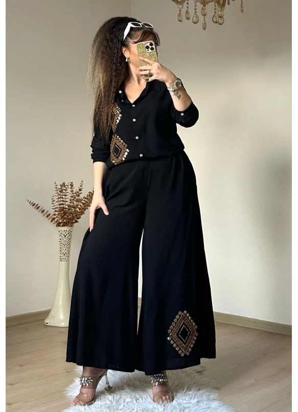 Pul İşlemeli Pantalon Etekli Takım