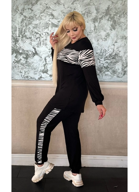 Siyah Uzun Kollu zebra şeritli takım