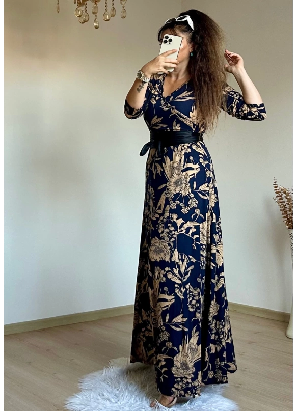 Full Length Navy Blue Floral Dress