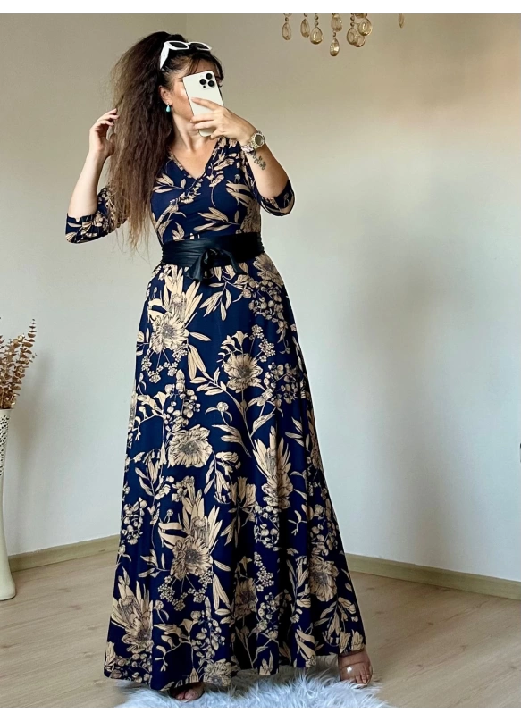 Full Length Navy Blue Floral Dress