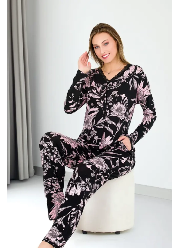 Uzun Kol Onü Düğmeli  Pembe Çiçekli Bayan Pijama Takımı
