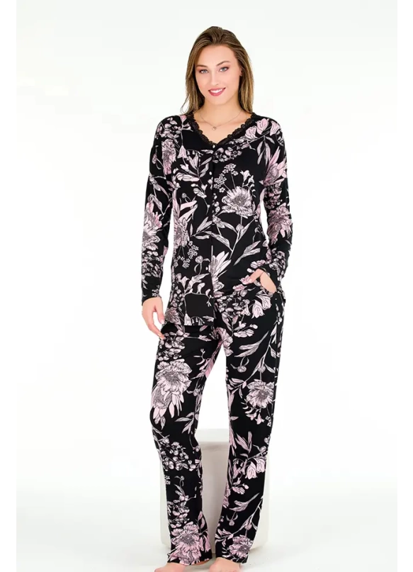 Uzun Kol Onü Düğmeli  Pembe Çiçekli Bayan Pijama Takımı