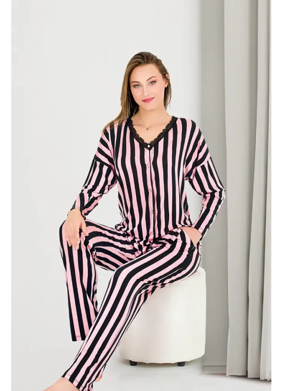 Uzun Kol Onü Düğmeli Pembe Seritli Bayan Pijama Takımı