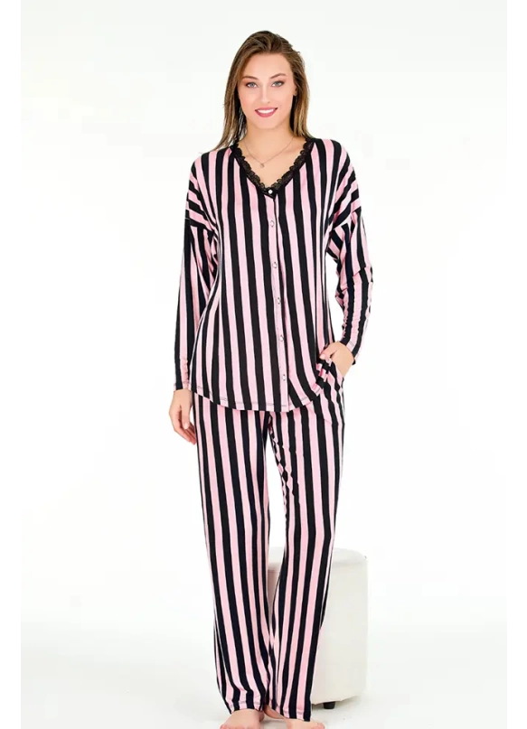 Uzun Kol Onü Düğmeli Pembe Seritli Bayan Pijama Takımı