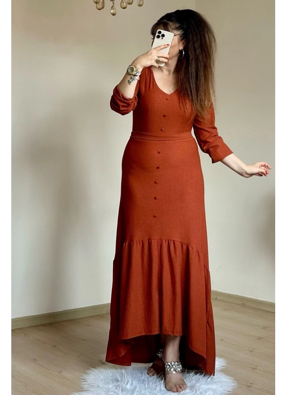 Uzun Kol Romantik Elbise Kiremit