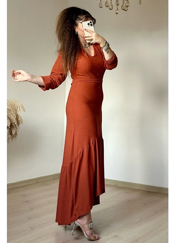 Uzun Kol Romantik Elbise Kiremit