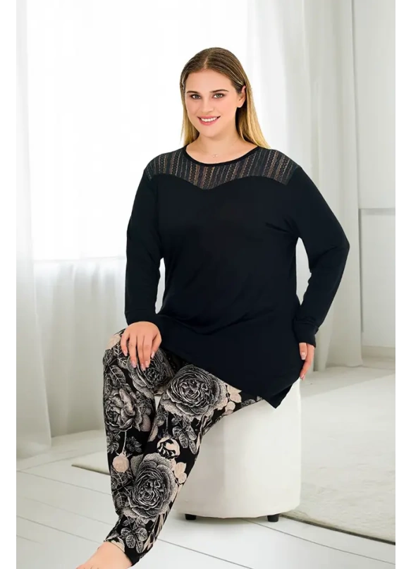 Uzun Kol Yaka Tül Detaylı Büyük Beden Pijama Takımı