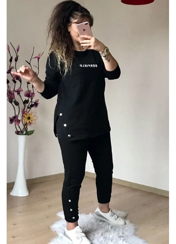 Uzun Kol Yan Çıtçıtlı Siyah Takım