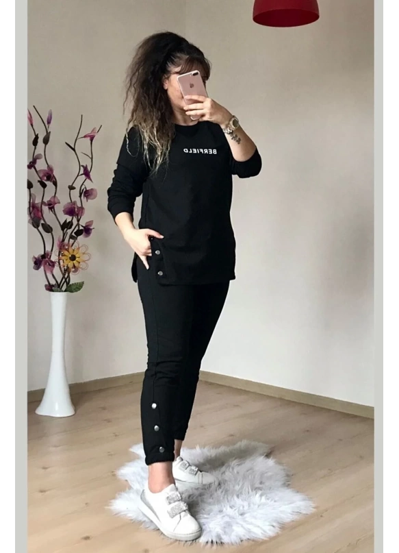 Uzun Kol Yan Çıtçıtlı Siyah Takım