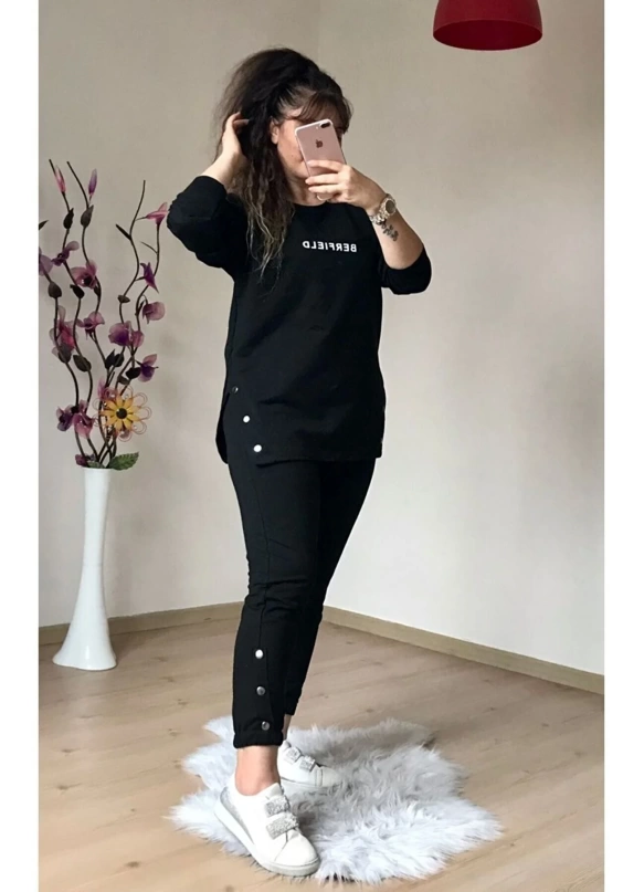 Uzun Kol Yan Çıtçıtlı Siyah Takım