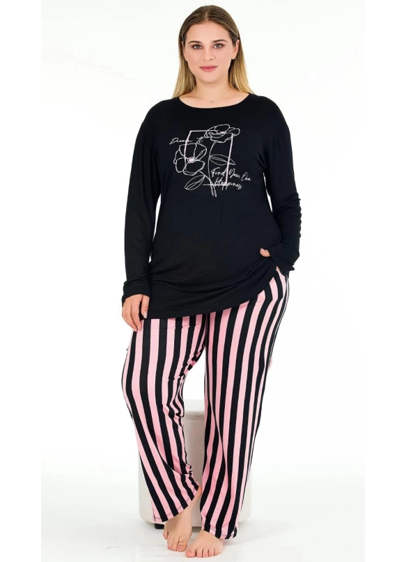 Uzun Kollu Siyah Büyük Beden Viskon Pijama Takımı