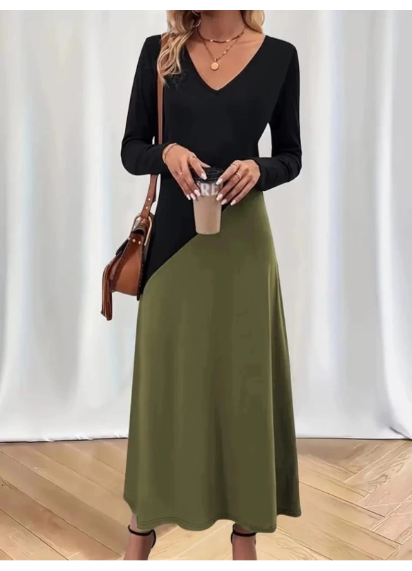 V Yaka Blok Desenlı Elbise Haki