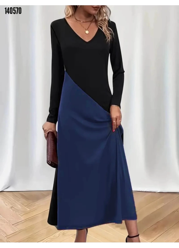V Yaka Blok Desenlı Elbise Mavi