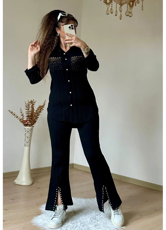 Black Set with Necklace Stone Detailed Cuffs