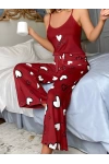 Askılı Kalpli Pijama Takımı Bordo