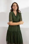 Kısa Kol Etek Ucu Güpürlü Elbise -HAKİ