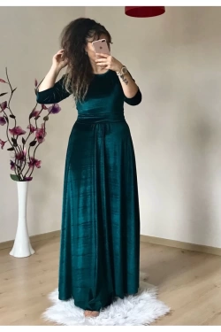 Bisiklet Yaka Kadife Elbise Zümrüt Yeşili
