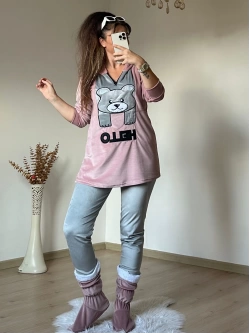 Hello Yazılı Kadife Takım Pudra