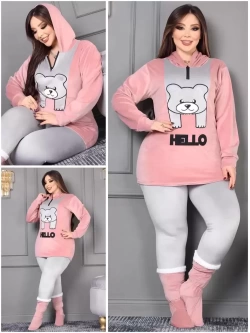 Hello Yazılı Kadife Takım Pudra