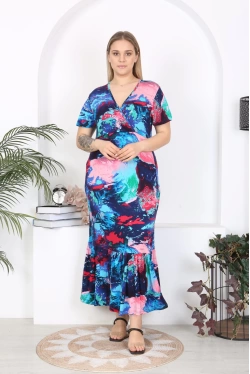 Short Sleeve Ruffled Blue Print Dress