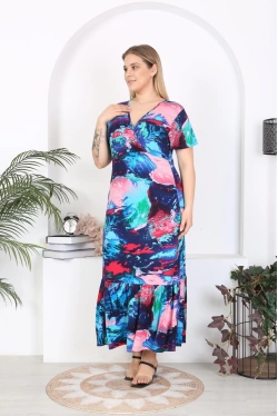 Short Sleeve Ruffled Blue Print Dress