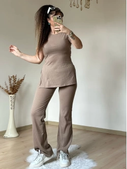 Kısa Kol Yan Yırtmaçlı Kaskorse Takım Kahve