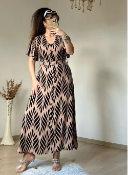Kol Volanlı Kahve Desen Elbise