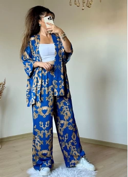 Mavı Motif Desen Kimono Takım