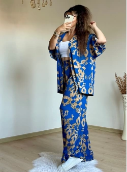 Mavı Motif Desen Kimono Takım