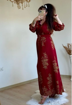 Otantık Desen Gömlek Elbise Bordo