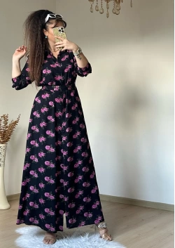 Pembe Çıceklı Cepli Gomlek  Elbise