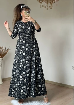 Siyah Çıtır Çıceklı Bürümcük Elbise