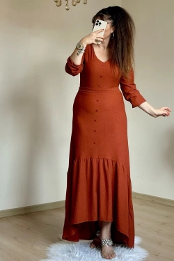 Uzun Kol Romantik Elbise Kiremit
