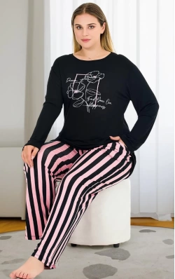Uzun Kollu Siyah Büyük Beden Viskon Pijama Takımı