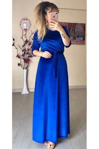 Bisiklet Yaka Kadife Elbise Saks Mavi