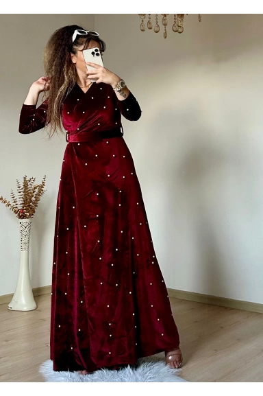 İncili Kadife Elbise - BORDO
