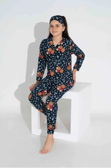 Lacivert Ayıcık Desen Çoçuk Pijama Takımı