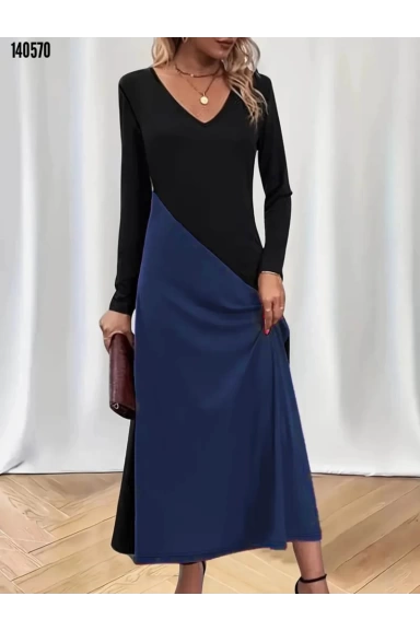 V Yaka Blok Desenlı Elbise Mavi