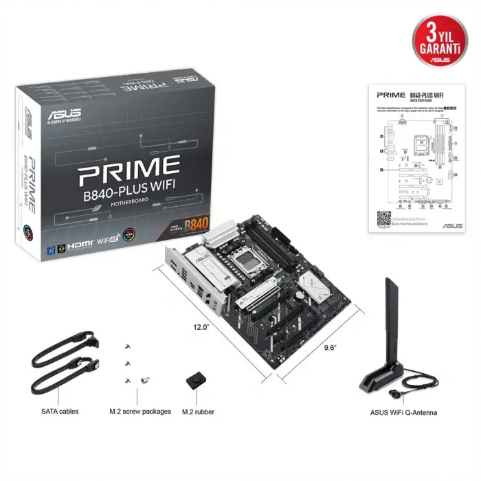 ASUS PRIME B840-PLUS WI-FI, 4xDDR5, 3x M.2, HDMI, DP, Type-C, WI-FI 6E, Bluetooth 5.3, AM5 Soket GAMING Anakart
