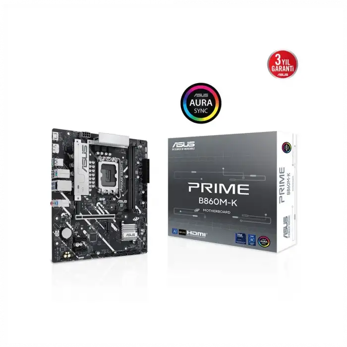 ASUS PRIME B860M-K, 8800MHz, 2xDDR5 2xM.2, HDMI, DP, Intel Core Ultra CPU(Seri 2), LGA1851 Soket Anakart