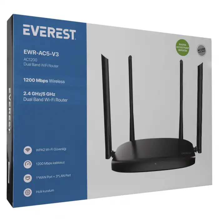 Everest Ewr-ac5-v3, Ac1200, 1200mbps, Dual Band Wifi, 4port, 1 Wan, Masaüstü, Megabit, Wısp, Repeater, Router, Access Point