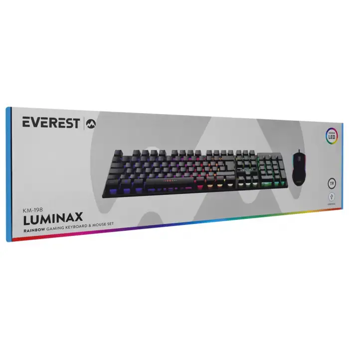 Everest Km-198, Luminax, Rainbow Işıklı, Türkçe Q, Usb Kablolu, Gaming, Klavye Mouse Set