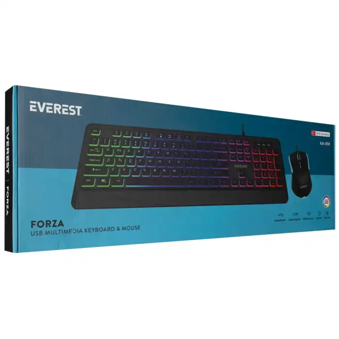 Everest Km-r59, Forza, Rainbow Işıklı, Türkçe Q, Usb Kablolu, Gaming, Klavye Mouse Set