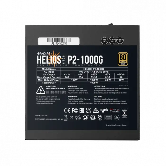 Gamdıas Helıos P2-1000g, 1000w, 80+ Gold, Full Modüler, Aktif Pfc, Gamıng, Atx, Power Supply (psu)