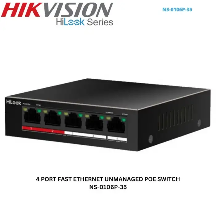 Hılook Ns-0106p-35(b), 4 Port, Megabit, Poe 60w, 2 Port Megabit Uplink, Long Range 250metre, Yönetilemez, Masaüstü Switch