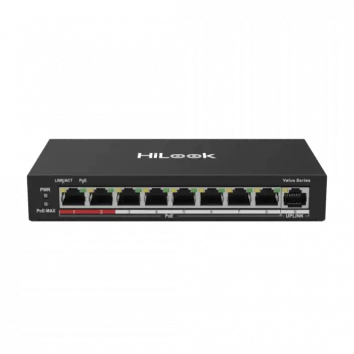 Hılook Ns-0109p-60(b), 8 Port, Megabit, Poe 60w, 1 Port Megabit Uplink, Long Range 250metre, Yönetilemez, Masaüstü Switch